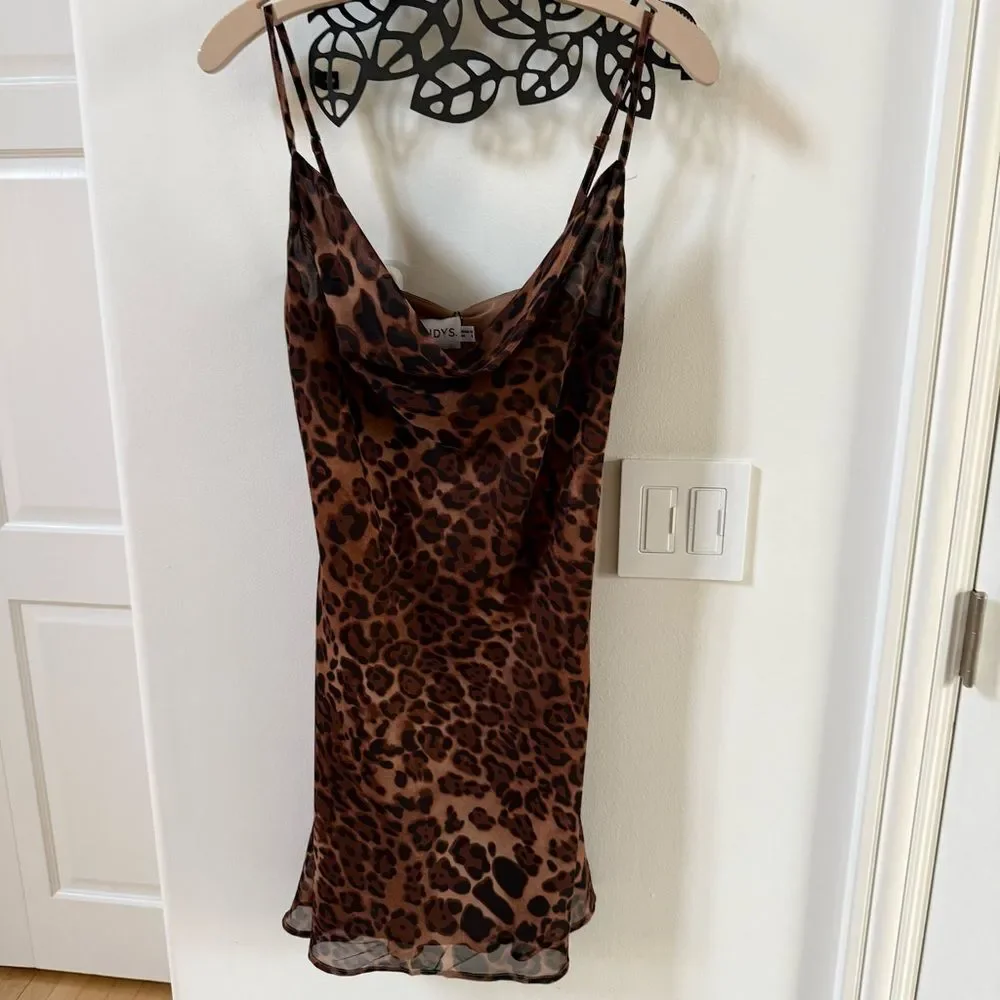 SNDYS Skin Leopard Animal Print Cowl Draped Neck Mini Slip Dress 8 NWT